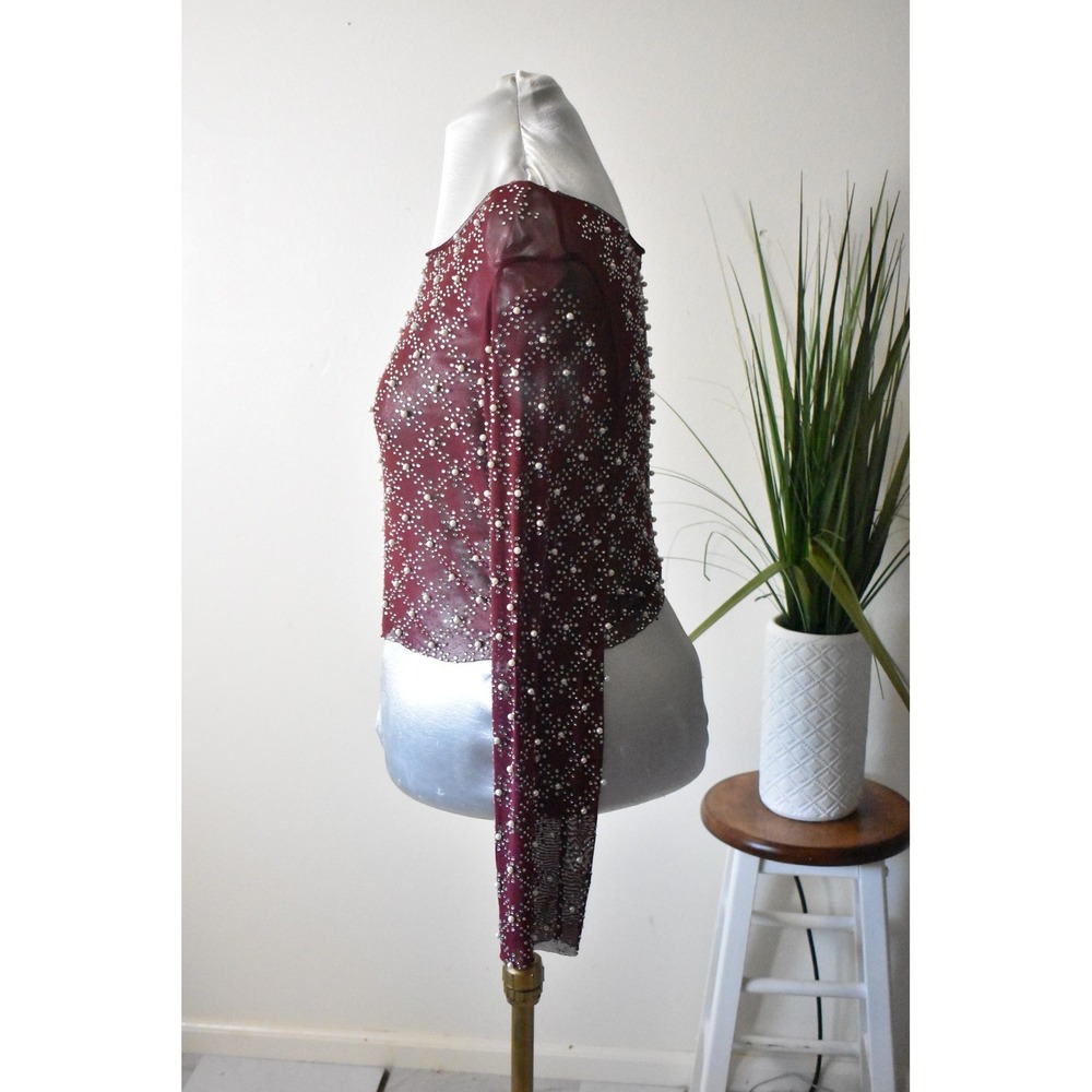 Faded Rose Mesh Top Women Large Burgundy Modern Pearl Rhinestone Embellished M8 - Picture 5 of 10